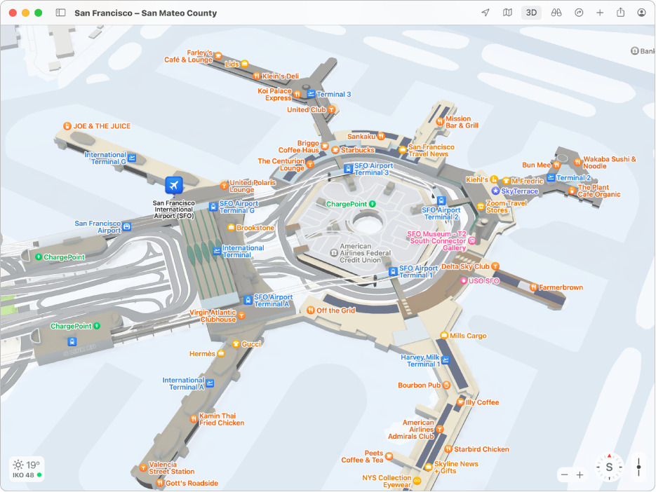 Mapa zobrazující vnitřní prostory mezinárodního letiště v San Franciscu