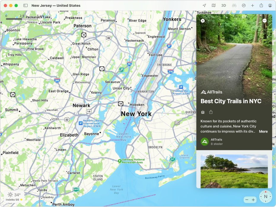Et kort over New York, der viser en rejseguide til populære seværdigheder.