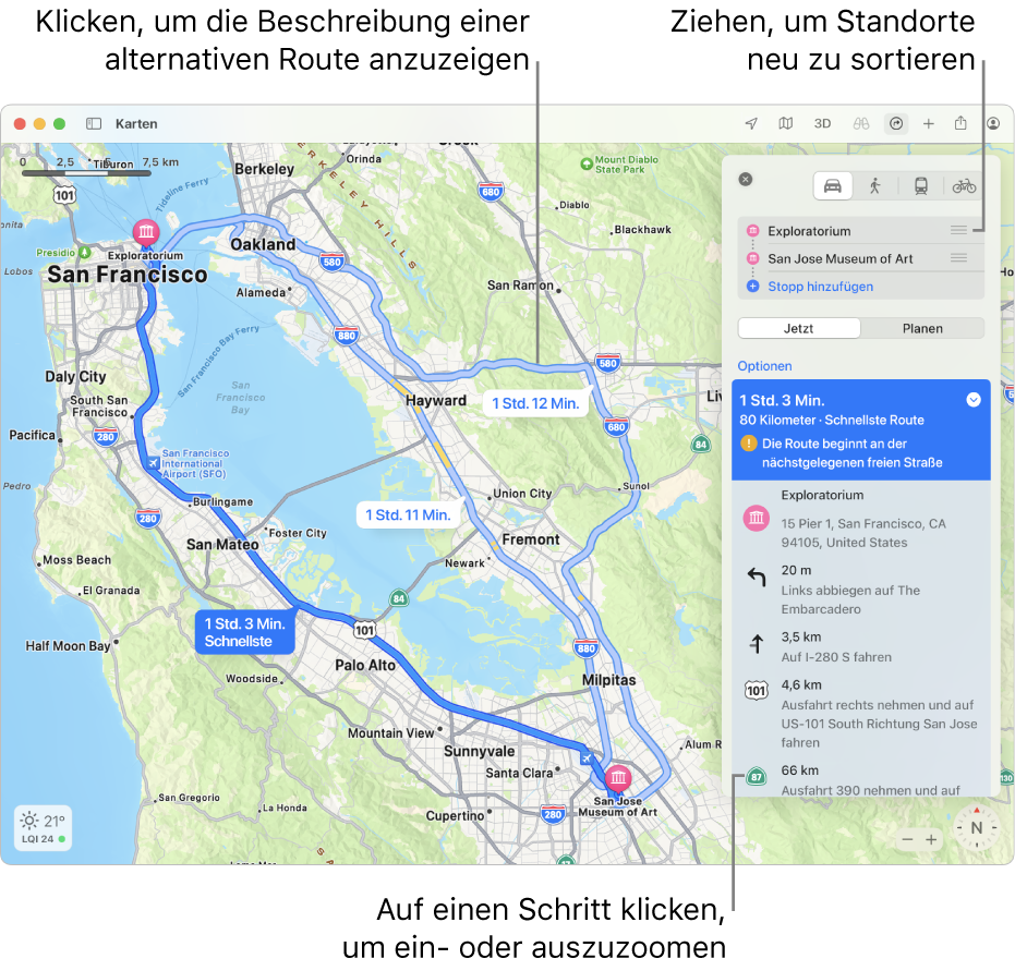 Eine Karte der San Francisco Area mit Beschreibungen von Fahrtrouten zwischen zwei Orten. Auf der Karte werden auch alternative Routen angezeigt.