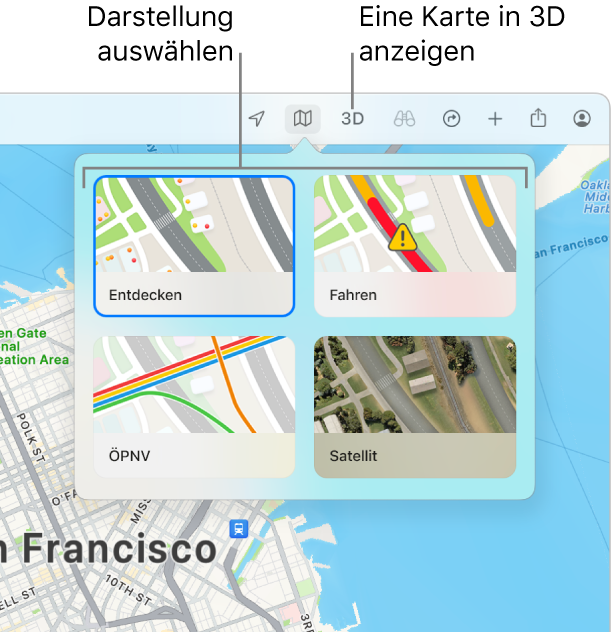 Eine Karte von San Francisco mit Optionen für die Kartendarstellung: Erkunden, Fahren, ÖPNV und Satellit.