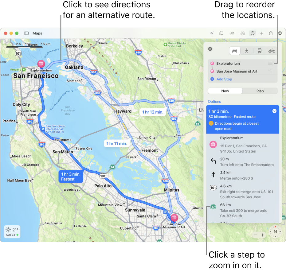 A map of the San Francisco area with directions for a driving route between two locations. Alternative routes are also shown on the map.