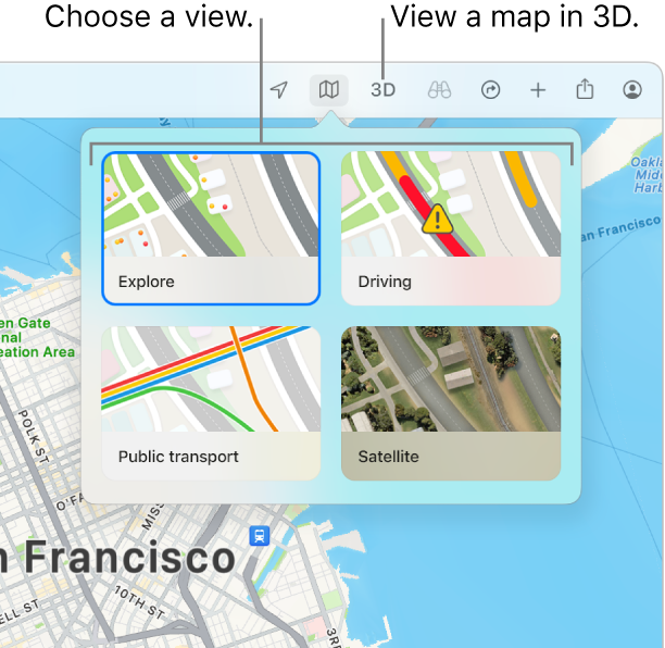 A map of San Francisco displaying map view options: Explore, Driving, Public Transport and Satellite.