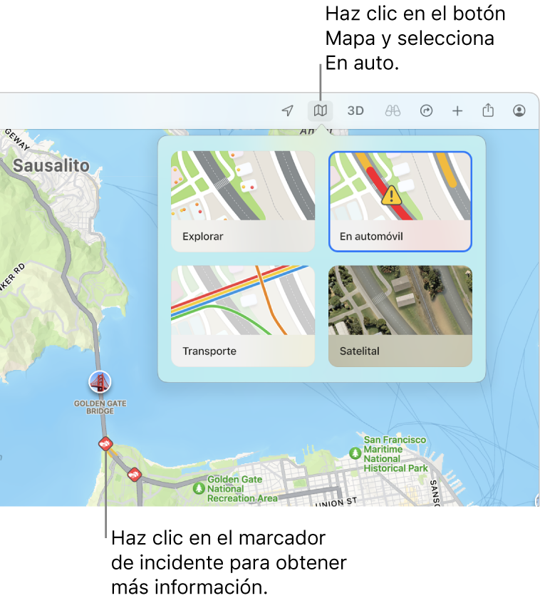 Un mapa de San Francisco mostrando las opciones del mapa, el mapa al volante seleccionado e incidentes de tráfico en el mapa.