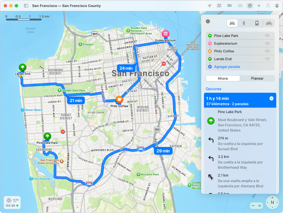 Un mapa de San Francisco mostrando una ruta con varias paradas.