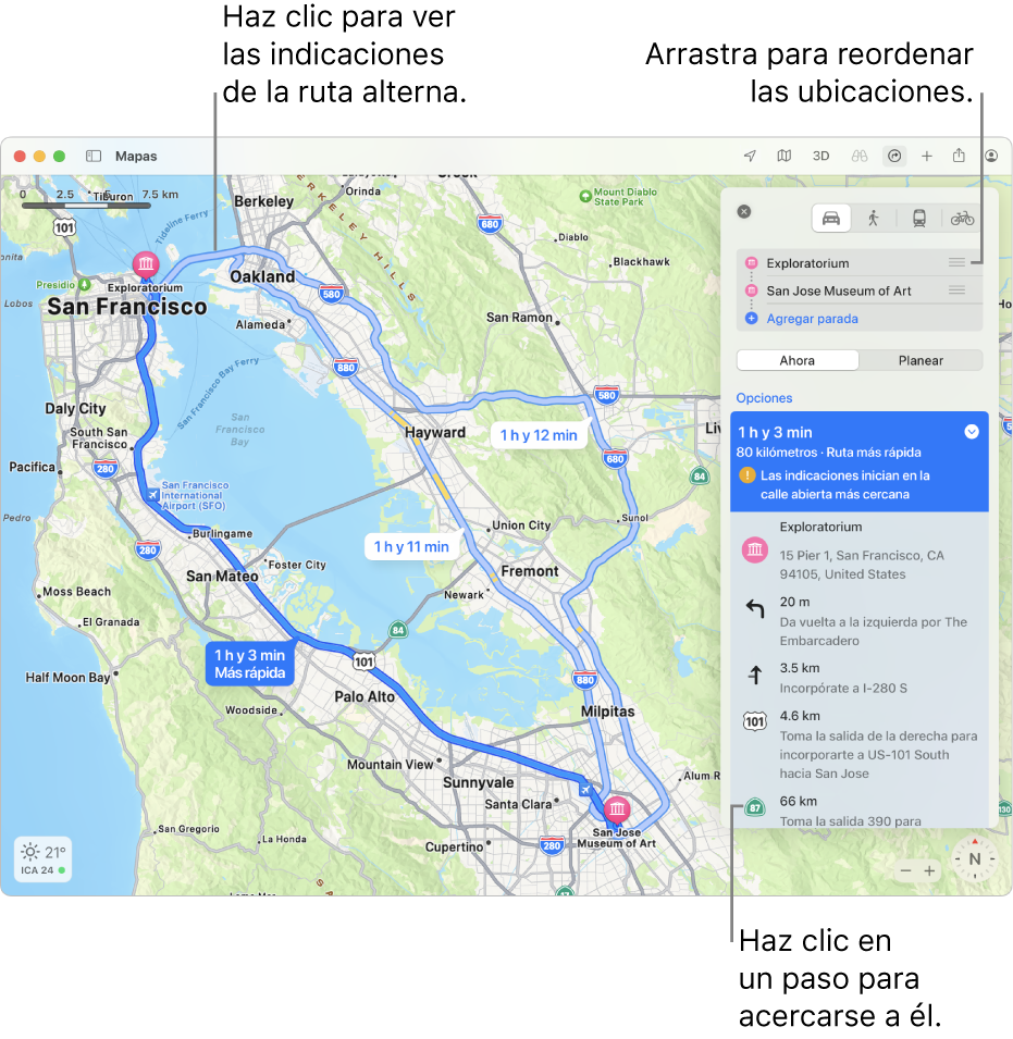 Un mapa de San Francisco con indicaciones para una ruta en auto entre dos ubicaciones. También se muestran rutas alternativas en el mapa.