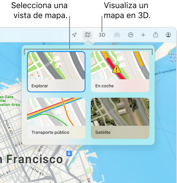 Un mapa de San Francisco donde se muestran las opciones de vista del mapa: Explorar, “En coche”, “Transporte público” y Satélite.