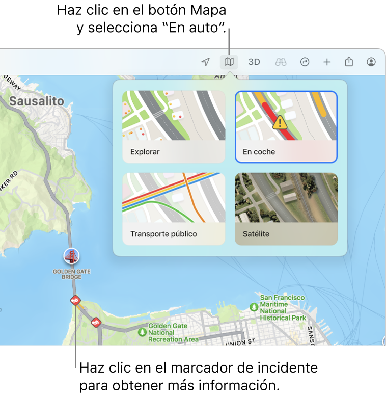 Un mapa de San Francisco donde se muestran opciones de mapa, la opción “En coche” seleccionada e incidencias de tráfico en el mapa.
