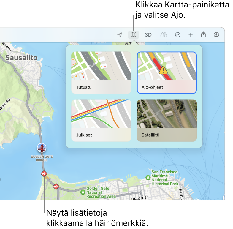 San Franciscon kartta, jossa näytetään karttavaihtoehdot, valittuna on Ajo-kartta ja siinä näkyvät liikennehäiriöt.