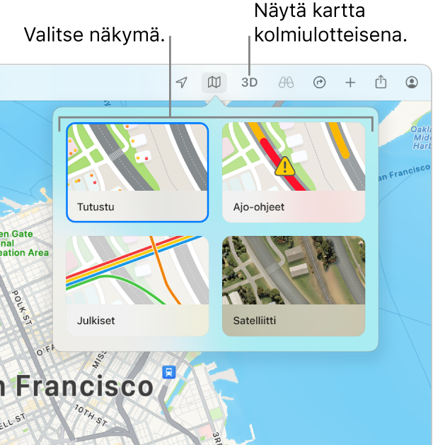 San Franciscon kartta, jossa näkyy kartan näkymävaihtoehtoja: Tutustu, Ajo, Julkiset ja Satelliitti.