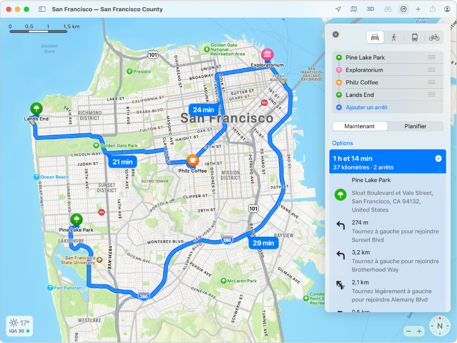 Un plan de San Francisco qui affiche un itinéraire comprenant plusieurs arrêts.
