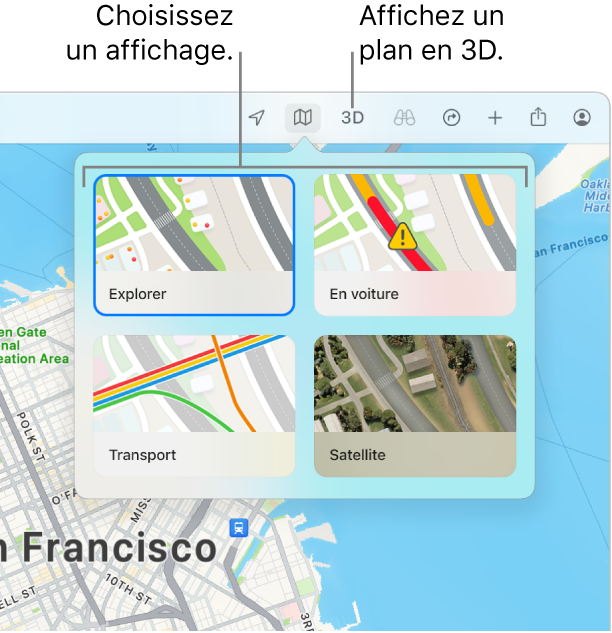 Un plan de San Francisco affichant des options d’affichage du plan : Explorer, En voiture, Transport et Satellite.