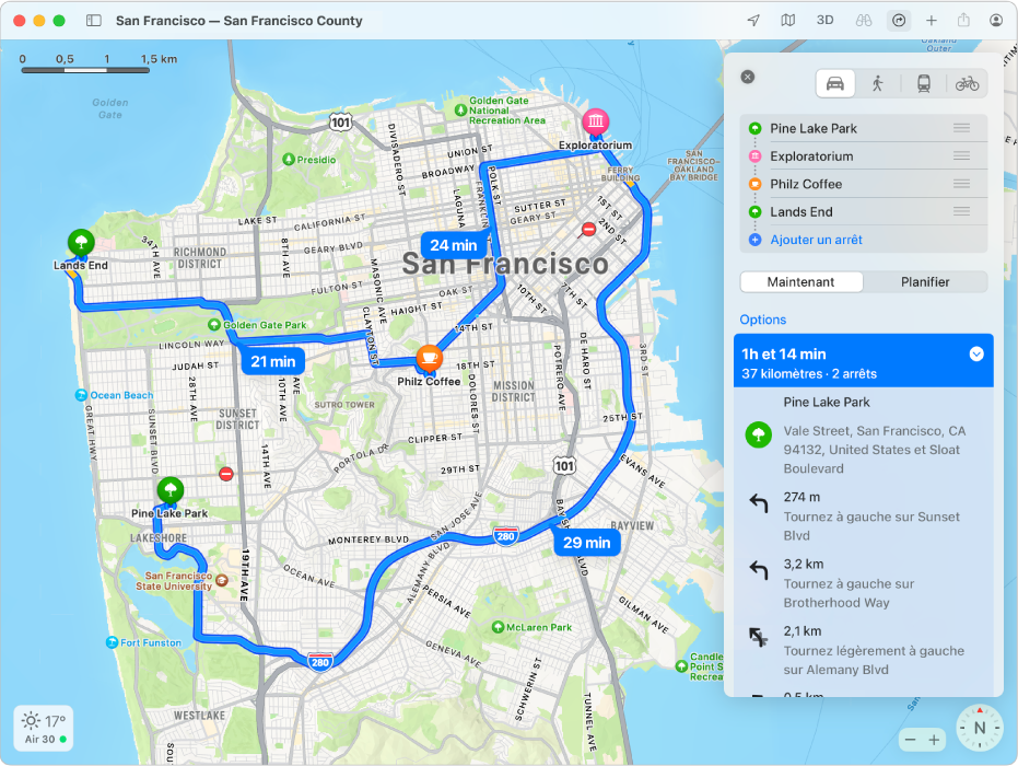 Un plan de San Francisco affichant un itinéraire avec plusieurs arrêts.