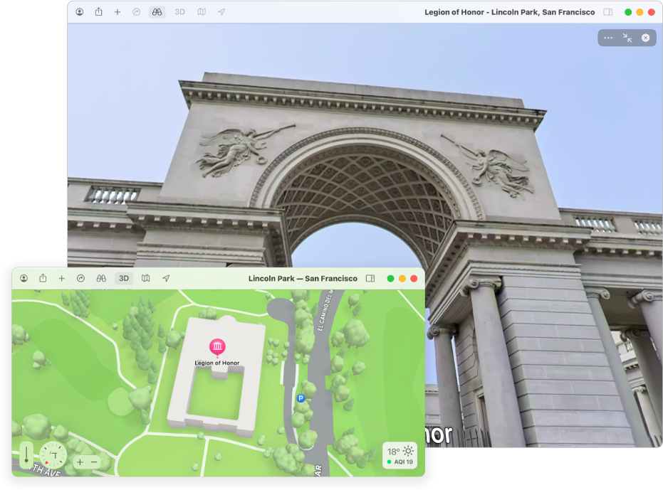 תצוגה אינטראקטיבית של 360 מעלות של אטרקציה מקומית בסן פרנסיסקו, עם מפה בתלת‑ממד בפינה השמאלית התחתונה.