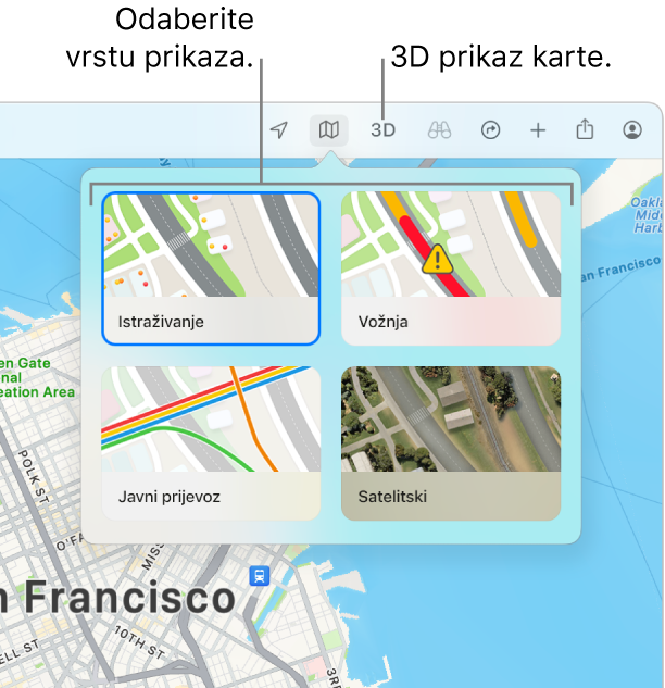 Karta San Francisca koja prikazuje opcije prikaza karte: Istražite, Vožnja, Javni prijevoz i Satelitski.