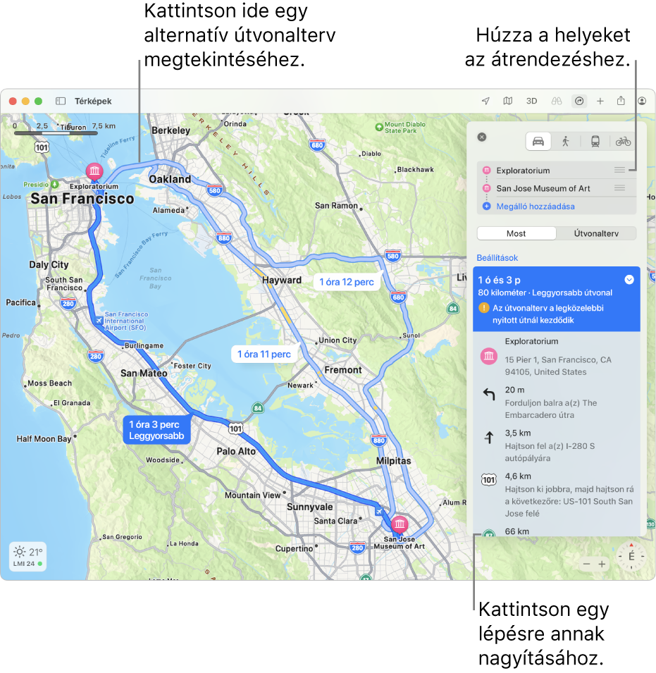 A San Franciscó-i környék térképe egy vezetési útvonaltervvel két hely között. A térképen alternatív útvonalak is láthatók.