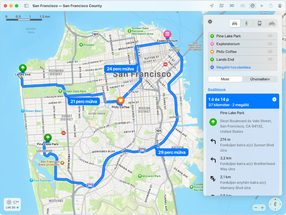 San Francisco térképe egy több megállót tartalmazó útvonallal.
