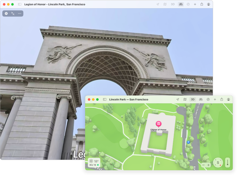 Tampilan 360 derajat interaktif dari daya tarik lokal di San Francisco, dengan peta 3D di pojok kanan bawah.