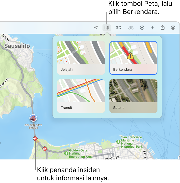 Peta San Francisco dengan pilihan peta ditampilkan, peta Berkendara dipilih, dan insiden lalu lintas di peta.