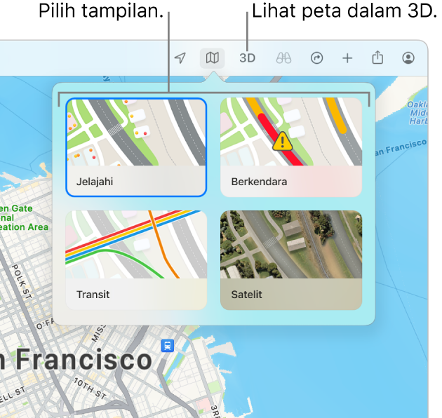 Peta San Francisco menampilkan pilihan tampilan peta: Jelajahi, Berkendara, Transit, dan Satelit.