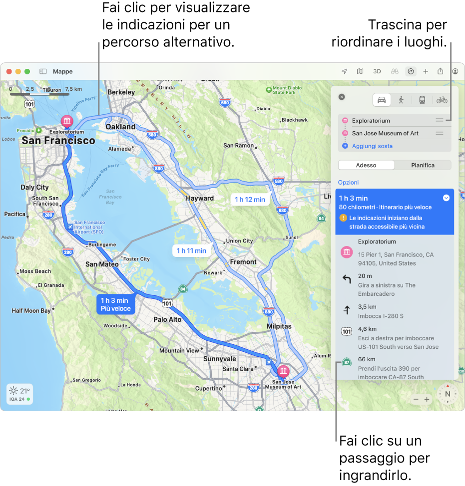 Una mappa dell’area di San Francisco con indicazioni per un percorso di guida tra due località. Sulla mappa sono indicati anche i percorsi alternativi.