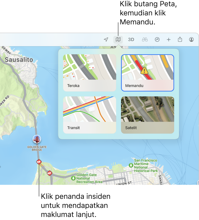 Peta San Francisco dengan pilihan peta dipaparkan, peta Memandu dipilih dan insiden trafik pada peta.