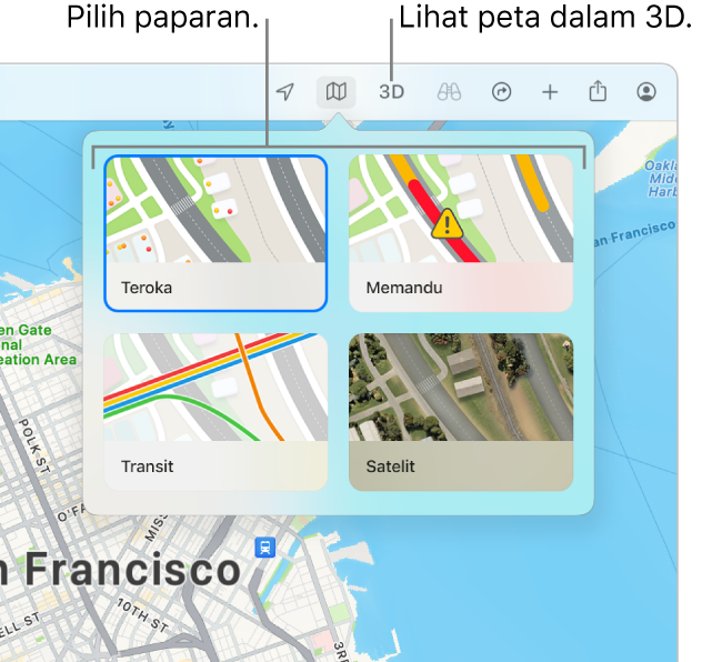 Peta San Francisco memaparkan pilihan paparan peta: Teroka, Memandu, Transit dan Satelit.