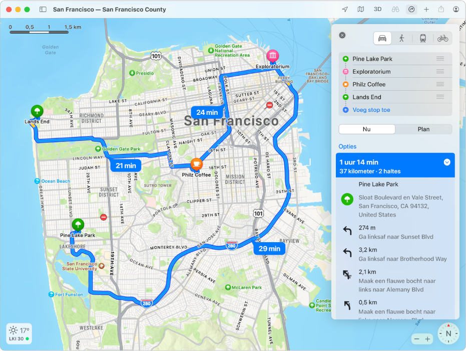 Een kaart van San Francisco met een route met meerdere stops.