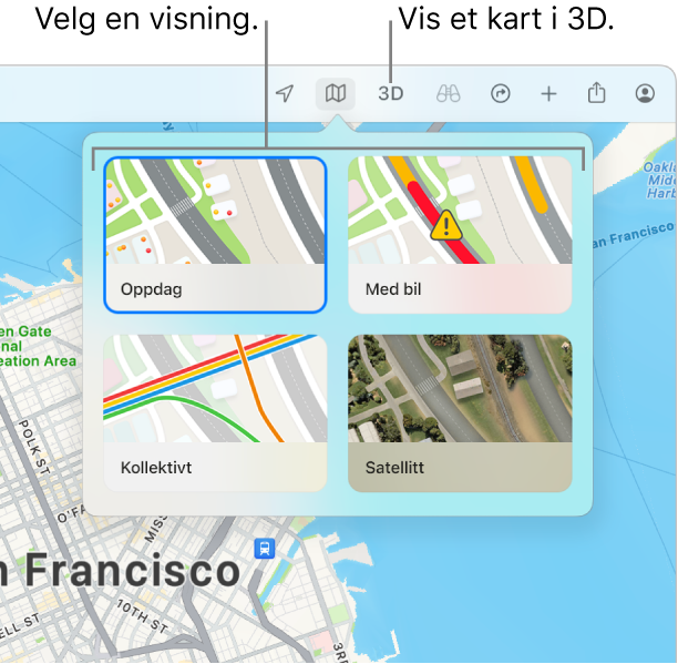 Et kart over San Francisco med visningsalternativer for kart: Utforsk, Med bil, Kollektivt og Satellitt.