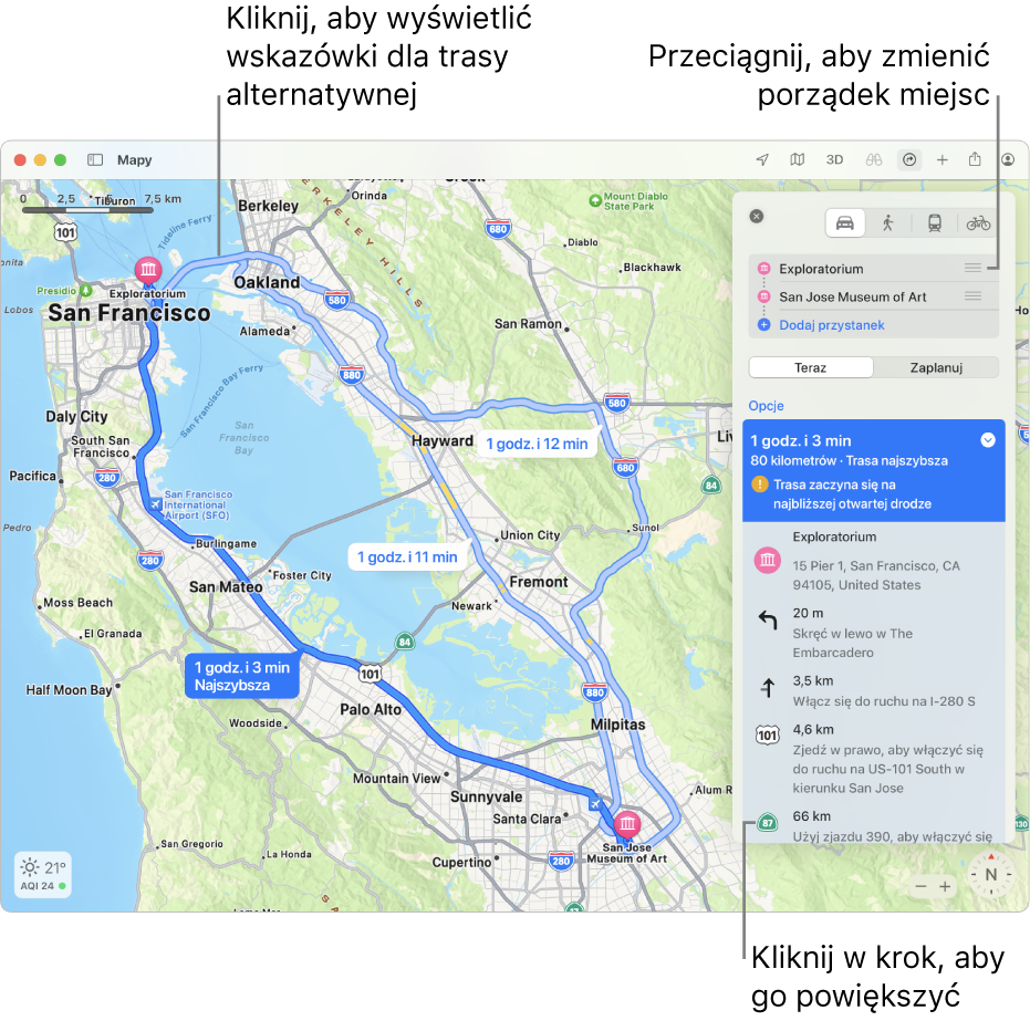 Mapa okolic San Francisco z trasą przejazdu między dwoma miejscami. Na mapie widoczne są także trasy alternatywne.