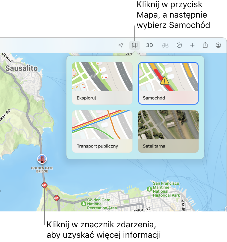 Mapa San Francisco. Widoczne są opcje mapy z zaznaczonym polem wyboru Samochód. Na mapie wyświetlane są zdarzenia drogowe.