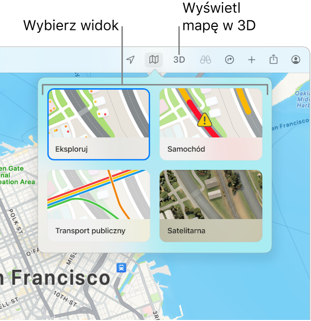 Mapa San Francisco wyświetlająca opcje widoku: Eksploruj, Ruch drogowy, Transport oraz Satelitarna.