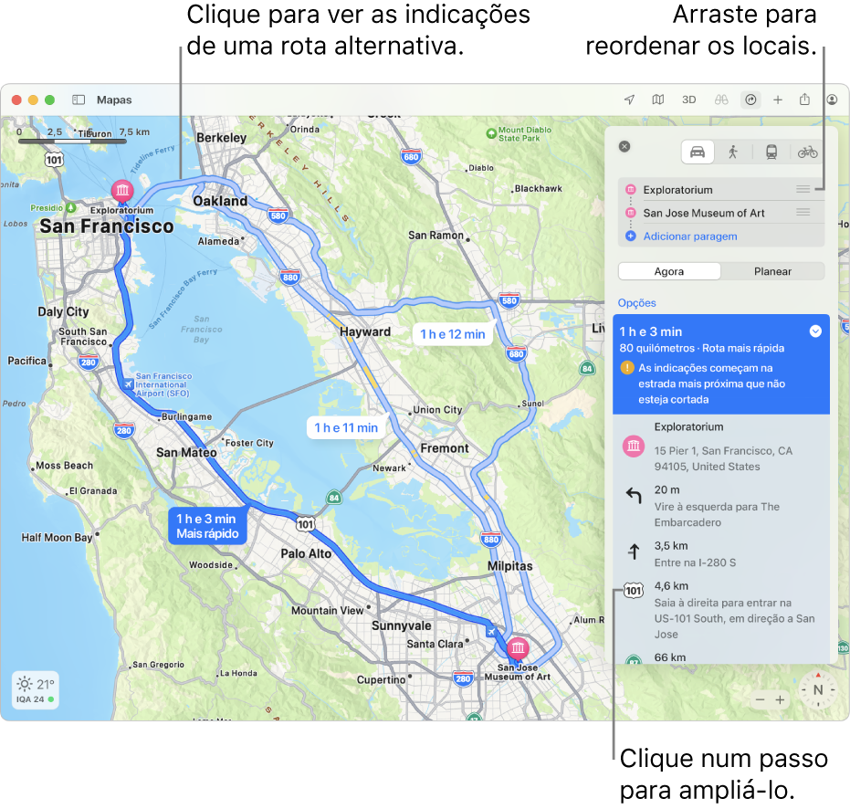 Um mapa da área de São Francisco com indicações para um itinerário de carro entre dois locais. Também são apresentados itinerários alternativos no mapa.