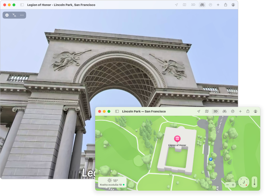 Interaktívne 360-stupňové zobrazenie miestnej atrakcie v San Franciscu s 3D mapou v pravom dolnom rohu.