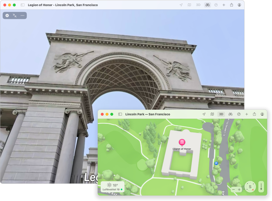 En interaktiv 360-gradig vy av en lokal attraktion i San Francisco med en 3D-karta i det nedre högra hörnet.