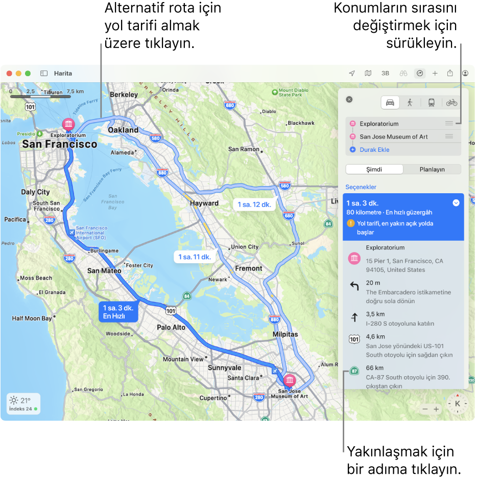İki konum arasındaki bir sürüş güzergâhı için yol tarifi içeren San Francisco bölgesinin haritası. Haritada alternatif güzergâhlar da gösteriliyor.