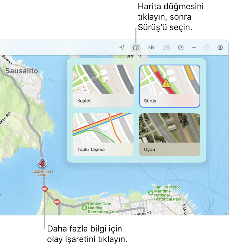 Bir San Francisco haritasında harita seçenekleri görüntüleniyor, Sürüş haritası seçili ve haritada trafik kazaları var.