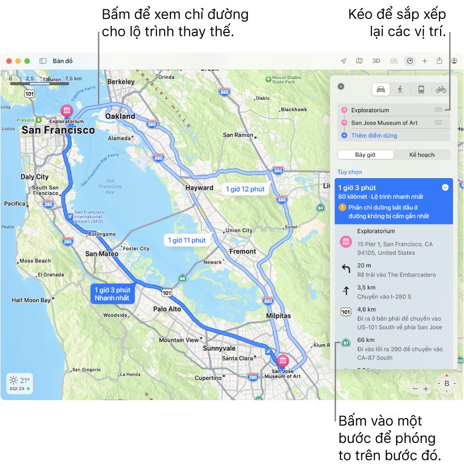 Bản đồ khu vực San Francisco với các chỉ đường cho một lộ trình lái xe giữa hai vị trí. Các lộ trình thay thế cũng được hiển thị trên bản đồ.