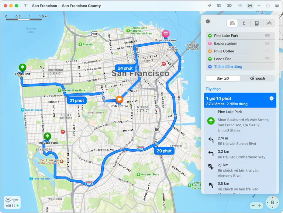 Bản đồ San Francisco đang hiển thị một lộ trình có nhiều điểm dừng.