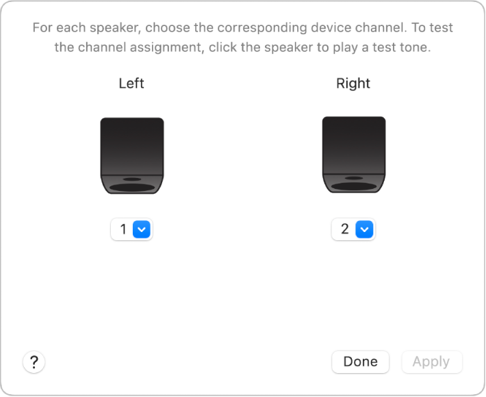The Configure Speakers window showing Left and Right speakers and stream pop-up menus.