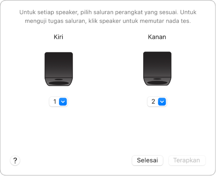 Jendela Konfigurasi Speaker menampilkan speaker Kiri dan Kanan serta menu pop-up streaming.