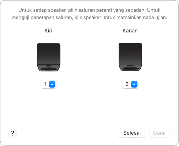 Tetingkap Konfigurasi Speaker menunjukkan speaker Kiri dan Kanan serta menu timbul strim.