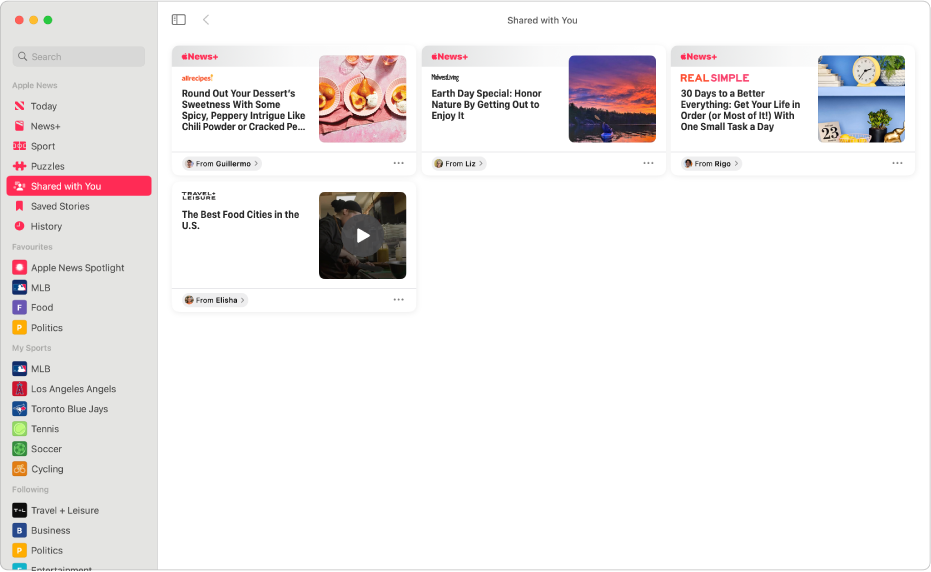 The Apple News window showing Shared with You selected in the sidebar and shared stories arranged in a grid on the right.