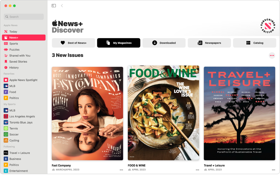 The Apple News window showing News+ selected in the sidebar. In the Apple News+ feed on the right, the collection My Magazines is selected. Below the title 3 New Issues, issues are arranged in a grid.