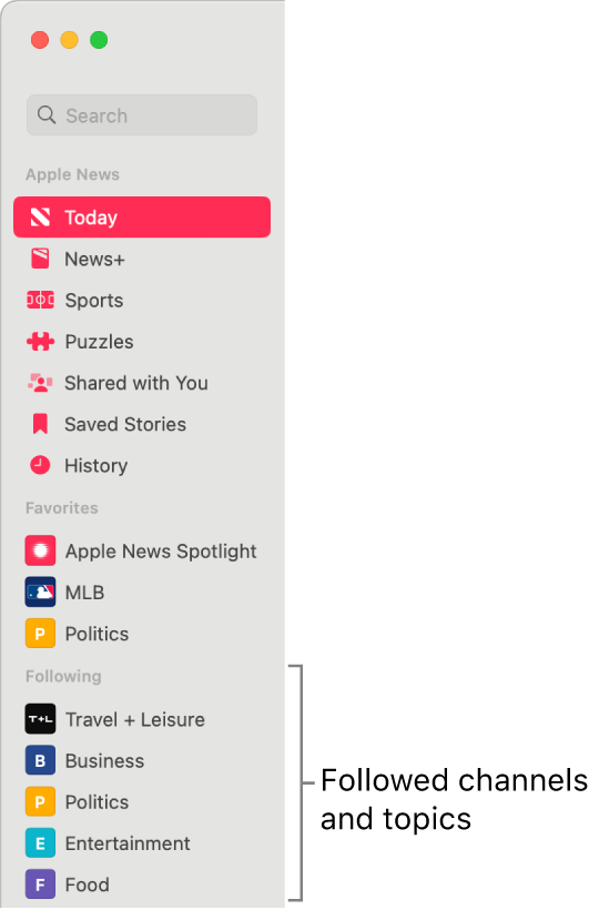 The Apple News sidebar showing followed channels and topics.