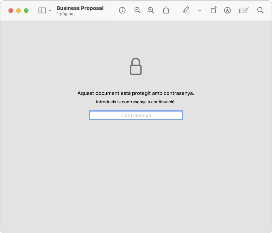 Un PDF protegit amb contrasenya que mostra una icona de bloqueig i un camp de text per introduir-hi la contrasenya i obrir l’arxiu.