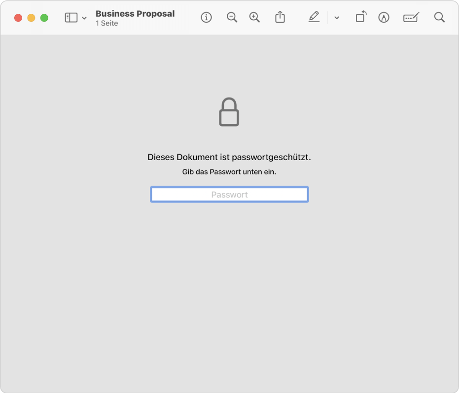 Eine passwortgeschützte PDF-Datei zeigt ein Schlosssymbol und ein Textfeld für die Eingabe des Passworts zum Öffnen der Datei.