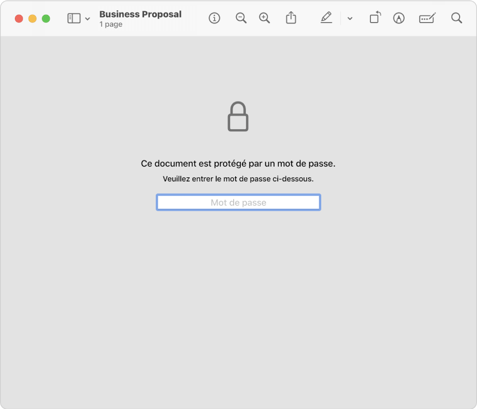 Un fichier PDF protégé par mot de passe qui affiche une icône de cadenas et un champ de texte pour saisir le mot de passe à l’ouverture du fichier.