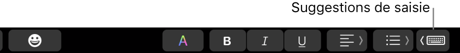 La Touch Bar, avec le bouton permettant d’afficher des suggestions de saisie à l’extrémité droite.
