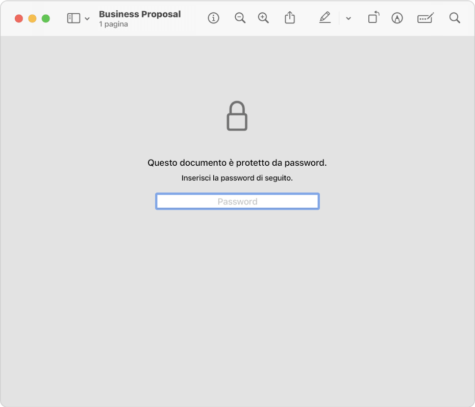 Un PDF protetto da password che mostra l’icona di un lucchetto e un campo di testo per inserire la password e aprire il file.
