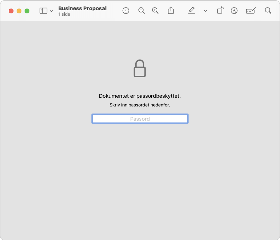 En passordbeskyttet PDF som viser et låsesymbol, og et tekstfelt for passord som åpner filen.